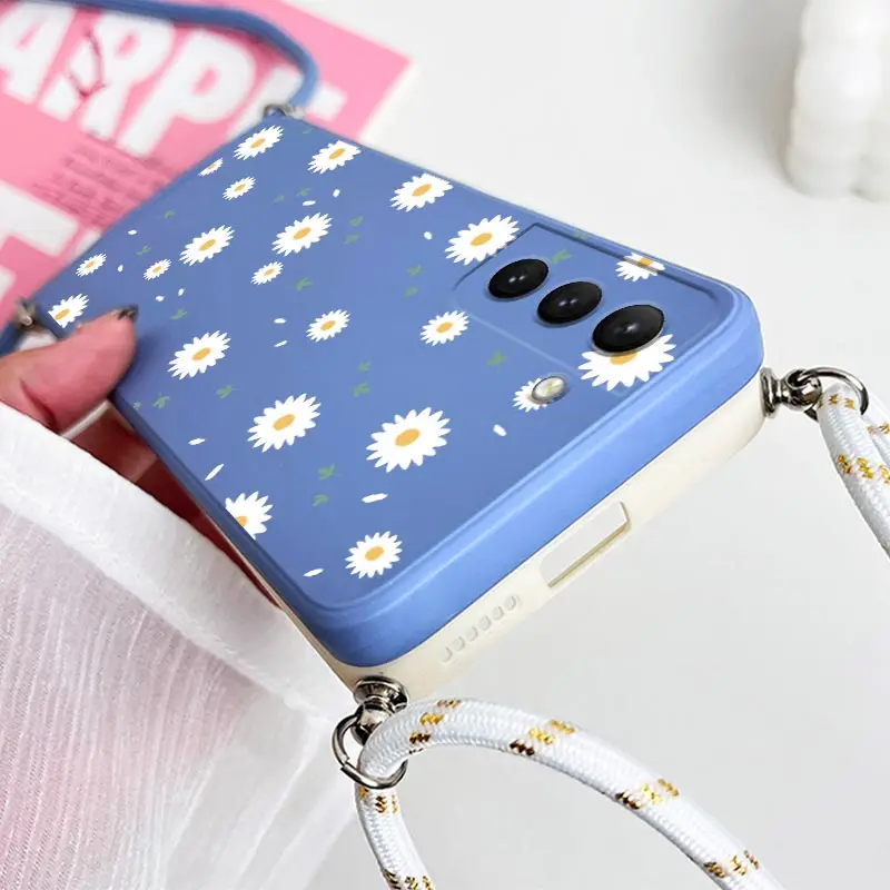 Deciduous Daisies Crossbody Lanyard Silicone Phone Case For Samsung Galaxy S23 S22 S21 S10 S8 Plus Note 20 ultra 10 Plus Cover — view 4