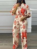 Women's Long Bottom Cross-Neck Suit, Bright  Fashion Flower Print Pattern, Waist-cinching Short Top, Plus Size, Spring  & Summer - Image 3