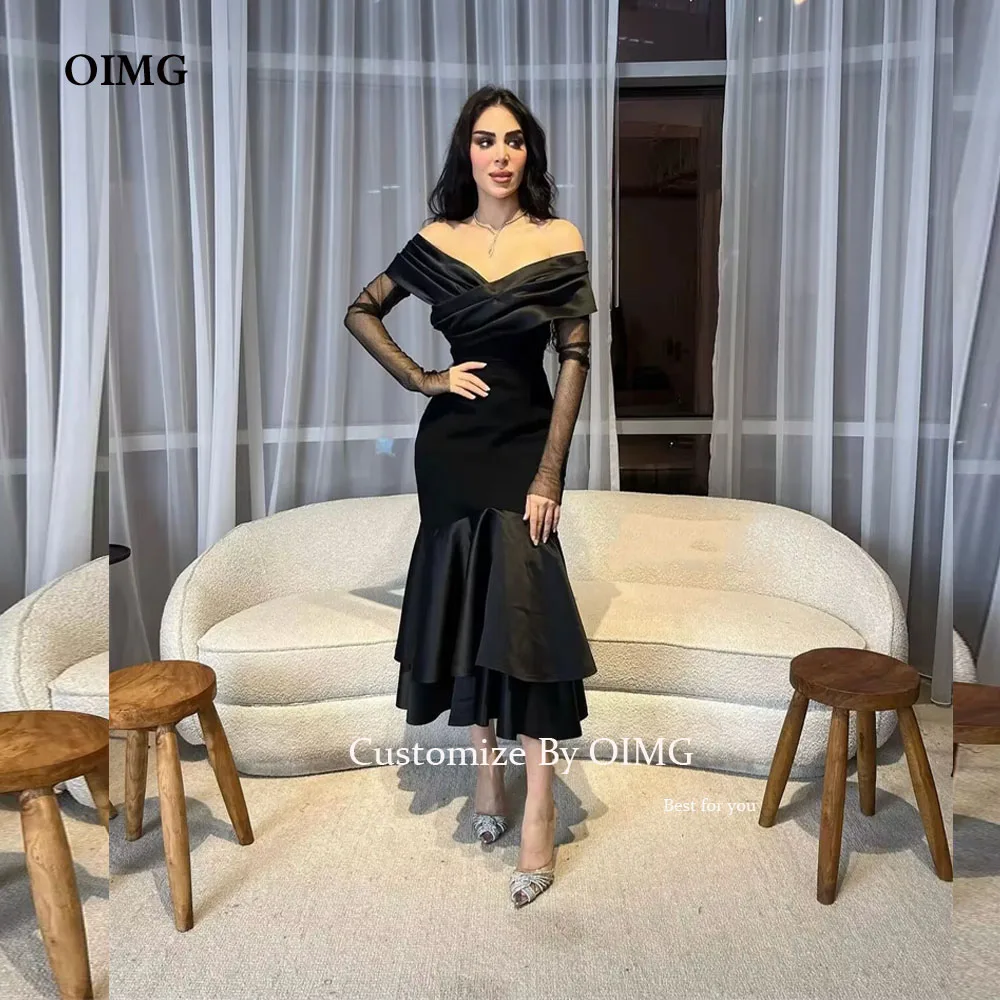 

OIMG Vintage Black Stretch Short Club Party Dresses Long Sleeves Off Shoulder Satin Arabic Women Formal Prom Evening Gowns