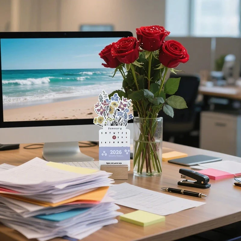 【Nice】2026 Bloomy Flowers 데스크 캘린더 미니 캘린더 스탠딩 데스크 캘린더 꽃병 모양의 데스크탑 월간 플래너 홈 스쿨용