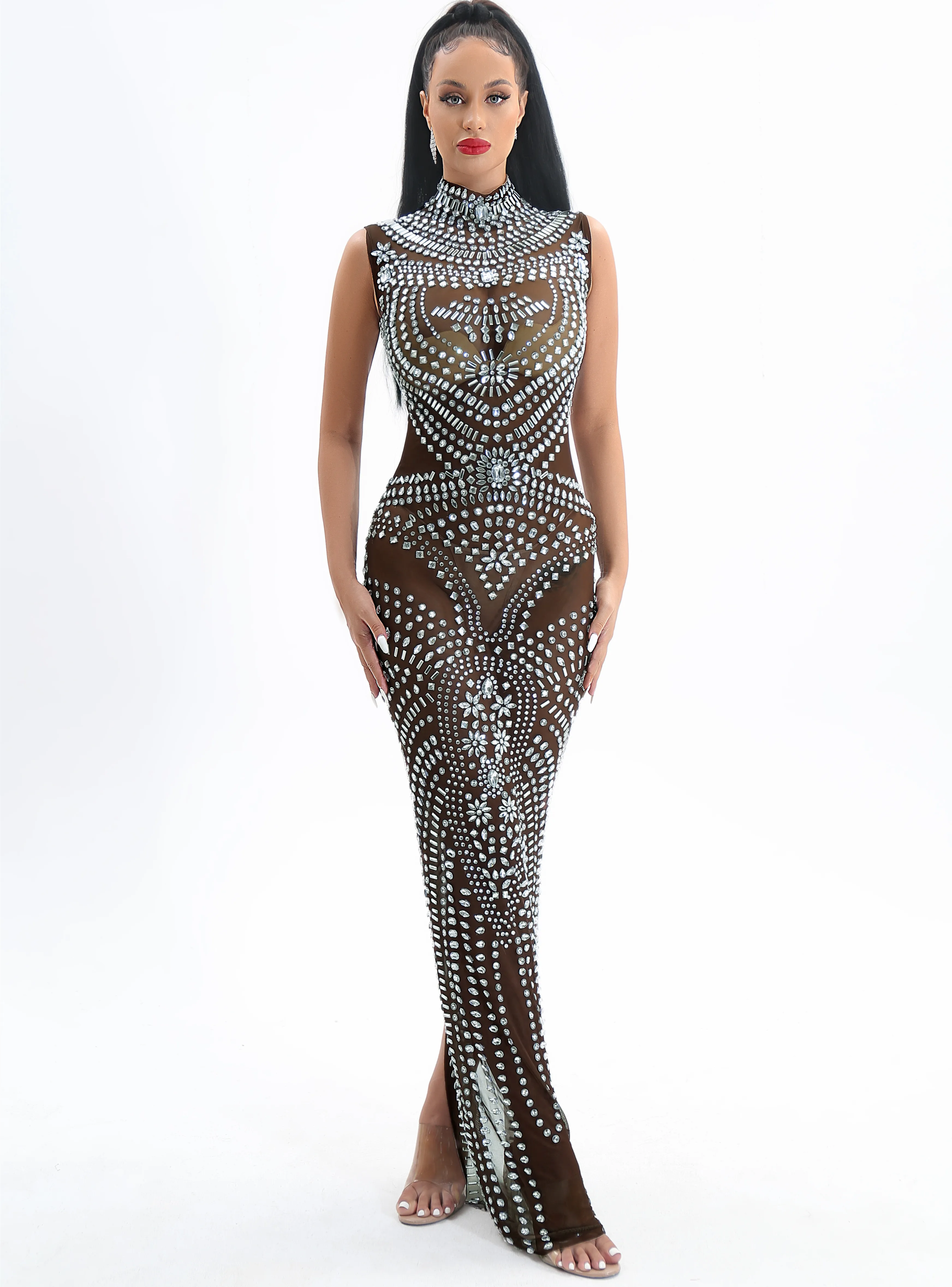 

Silver Crystals Black Transparent Sleeveless Dress Dancer Performance Rhinestones Outfit Birthday Celebrate Collections