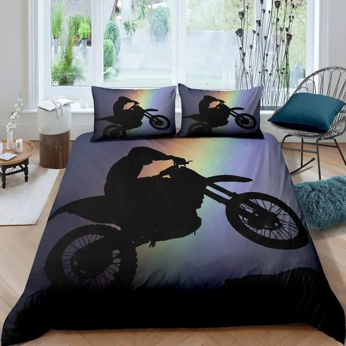3D Motocross Rider Duvet Cover Set Microfiber Red Black Dirt Bike Extreme Sports Theme Motorcycle Pattern Bedding Set King Size
