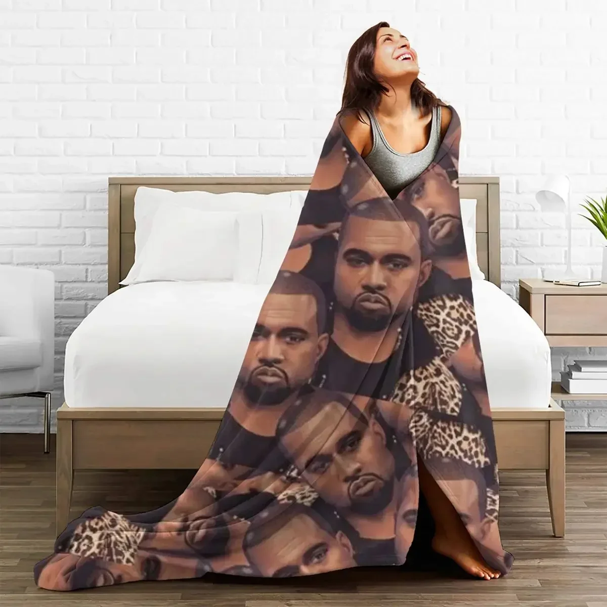 K-Kanye West Face Flannel Blankets Quality Super Soft Rapper Throw Blanket Autumn Airplane Travel Couch Chair Pattern Bedspread 5