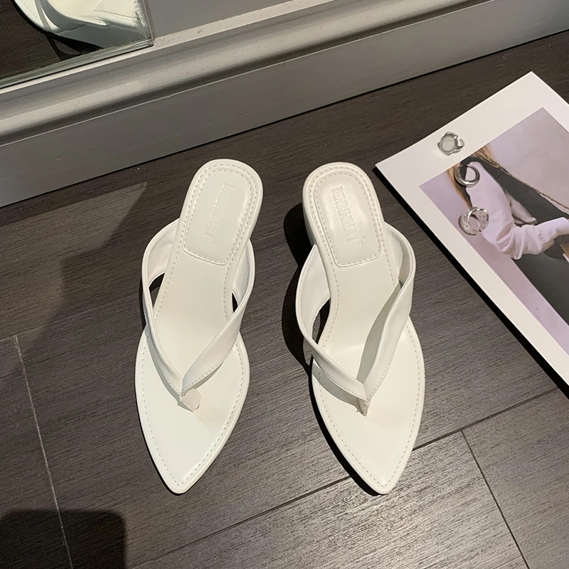 ZOOKERLIN Pointed PU Leather Flip Flops Wedges Women Slippers Solid Color Simple Summer Beach Slides Muller Shoes Clip Toe Pumps