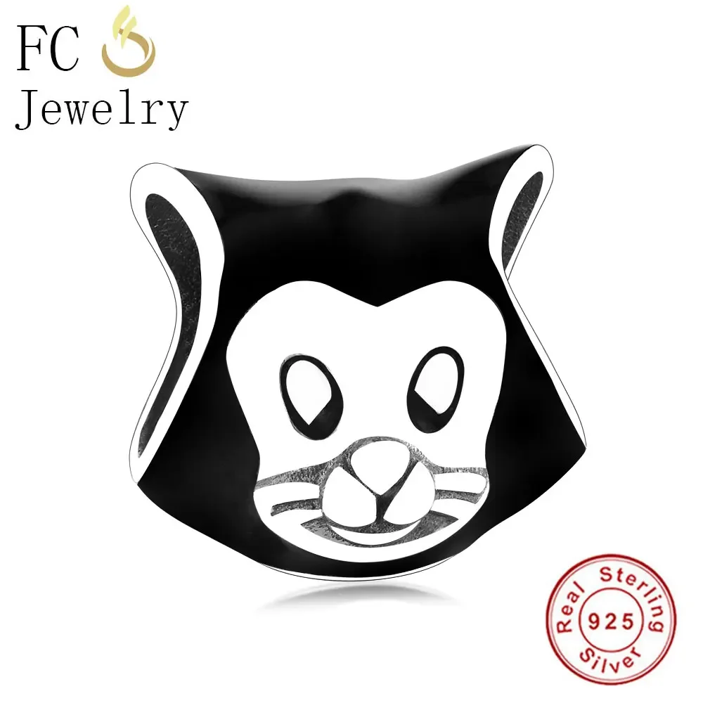 

FC Jewelry Fit Original Brand Charms Bracelet 925 Sterling Silver Animal Cartoon Black Enamel Cat Portrait Bead Making Berloque