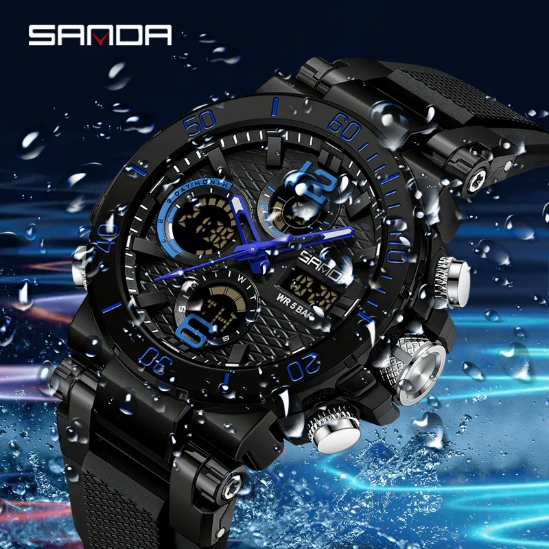 Sanda 2023 New Dual Screen Men's Digital Watch Nightlight Waterproof Multifunctional Popular Men's Alarm Clock 6167 Wristwatch