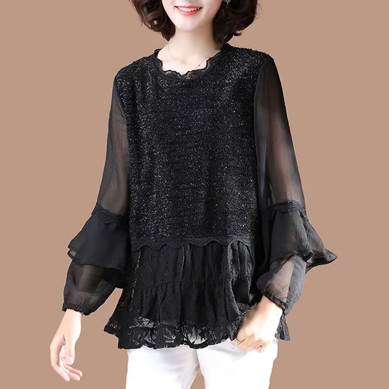 

2023 Casual Loose O-Neck Fashion Sequined Chiffon Blouse Spring Autumn Korean Ruffles Lace Spliced All-match Long Sleeve Shirt