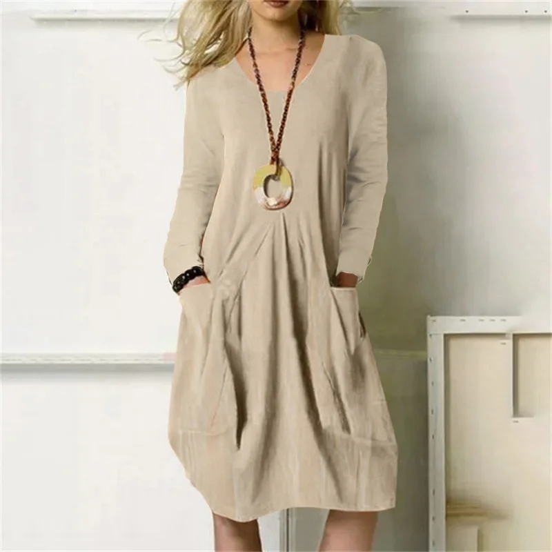 Autumn Cotton Linen Women's Dress Oversize Long Sleeve Casual Midi
