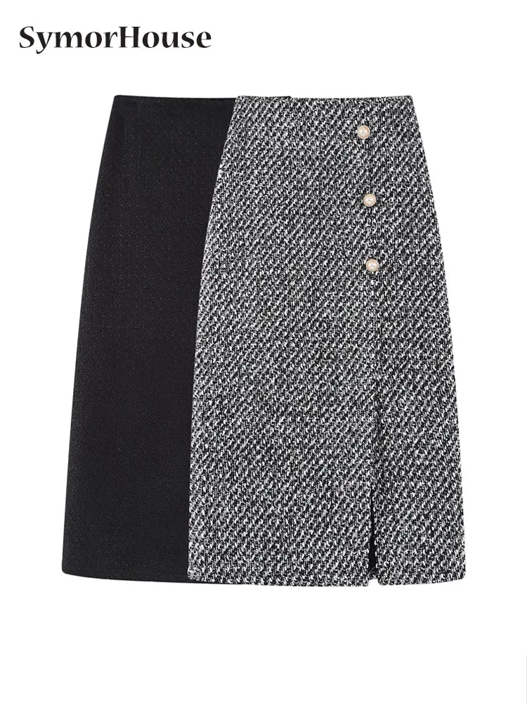 

2023 Autumn Winter Black Tweed Skirts Woman High Waist Simple Split Woolen Wrap -Hips Skirts Casual Office Elegnat A-Line Skirts