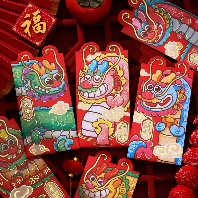 

6 шт. китайский новогодний красный конверт 2024 Дракон счастливая монета Карманный конверт Знаки зодиака красный карман Новогодние товары Hongbao