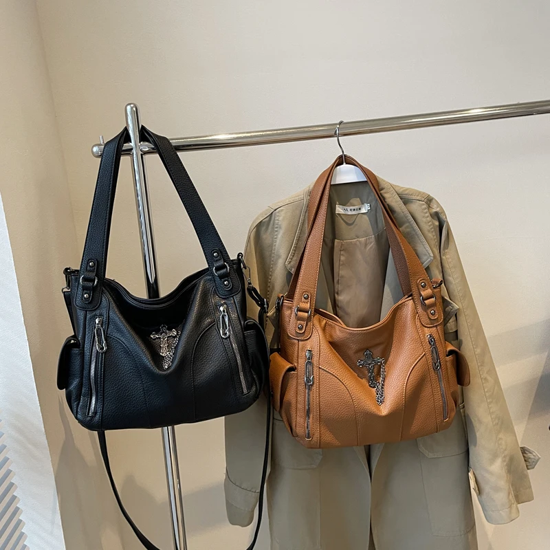 Women PU Hardware Cross Tote Bag Handbag Underarm Bag Large Capacity for Travel Shopping Daily Use