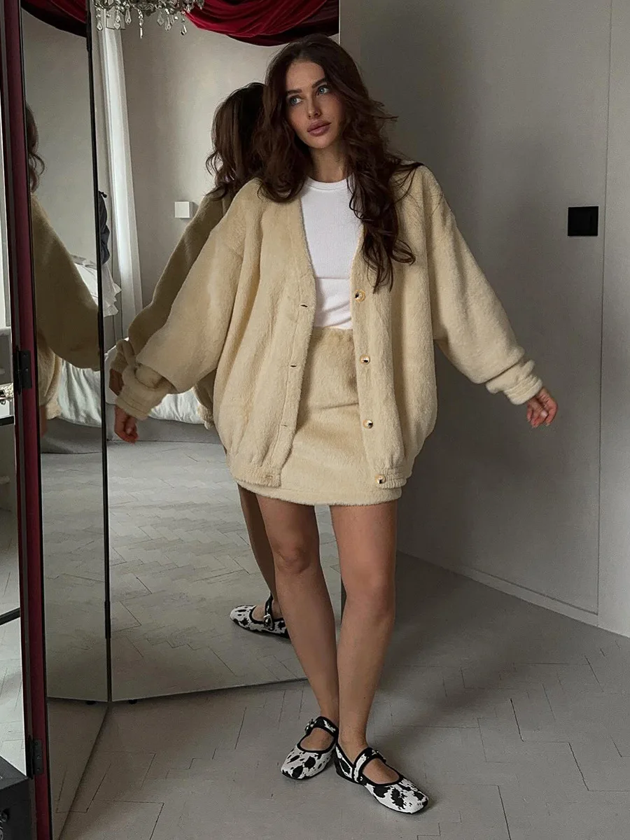 Bornladies Women's Plush V-neck Knit Cardigan Short Skirt Set New Autumn Winter Sweater Jacket Short Skirt Set