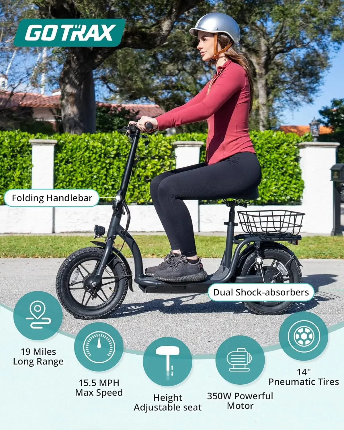 Scooter with Seat for Adult, Max 16-25miles Range, 15.5-20mph Power by 350W-500W Motor, Comfortable 14" Pneumati