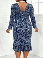 Plus Size Blue Leopard Print Bodycon Midi Dress V Neck Long Sleeve Lace up Ruffle Hem Women's Party Evening Wear - Image 2