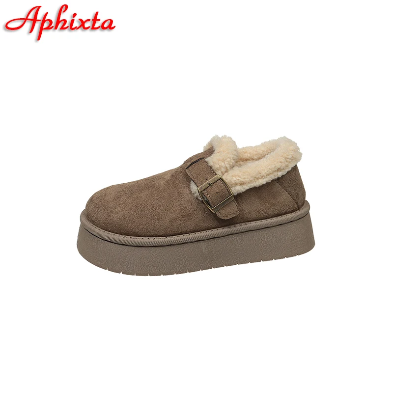 APHIXTA 2025 Camel Platform 4.5cm Thick Sole Shoes Women Winter Plush Snow Boots Woman Warm Ankle Boots Buckle Size 35-40