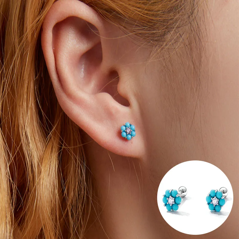 100% 925 Sterling Silver Turquoise Geometric Studs Earrings for Women Girl Zircon Flower Design Jewelry Party Gift Dropshipping