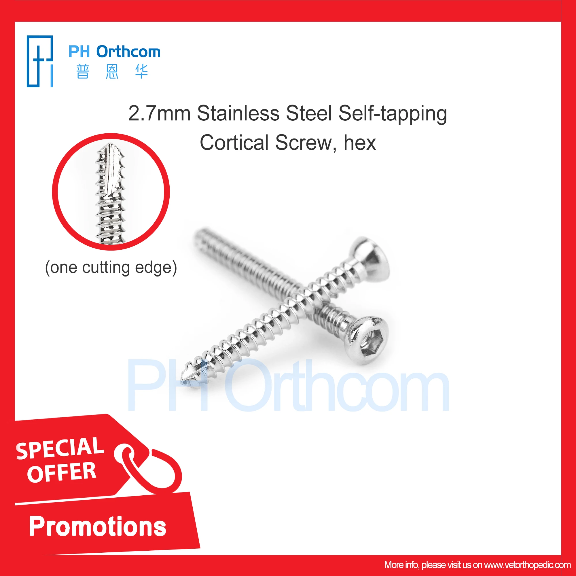 2.7mm Stainless Steel Self-tapping Cortical Screw Hex One Cutting Edge