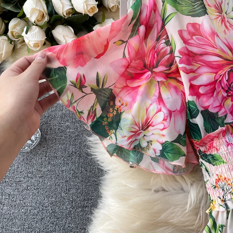 Elegant Party Dress Women Chiffon Printed Floral Long Dresses Ladies Short Sleeve Sexy V-neck Beach Maxi Dress Vestidos