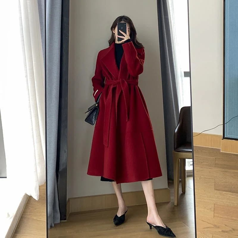Fashion Red Woolen Coat Women's Mid Length 2023 Autumn And Winter New High-end Temperament Hepburn Style Versatile Woolen Coat