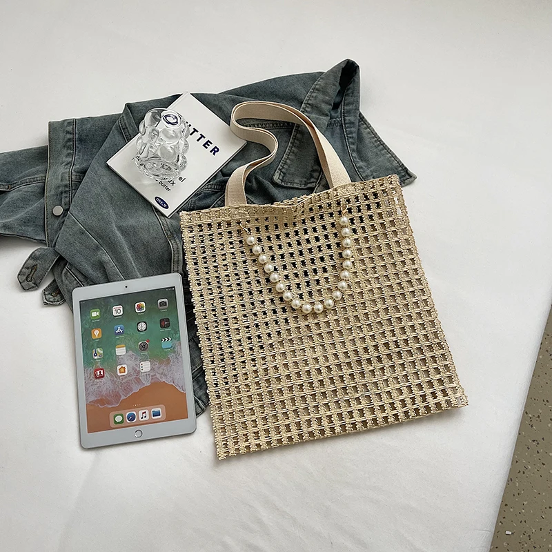 Crochet Tote Bag for Women Mesh Knit Shoulder Bag Large Capacity Handbag Solid Color Hobo Bag for Travel Vacation