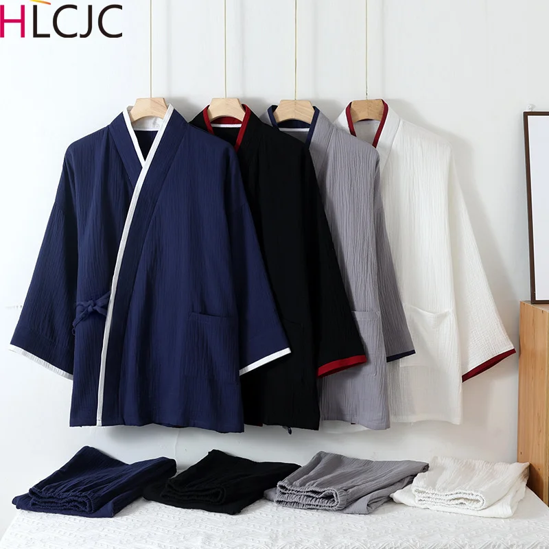 Spring Autumn Japanese Color Blocked Cotton Crepe Kimono Mens Pajamas Set Thin Lace-Up Top + Pants Loose Two-piece Male Homewear pajama sets