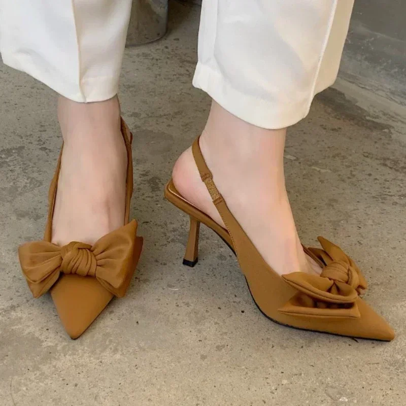 

Women's Shoes Hot Sale 2024 Fashion Elastic Strap Women's High Heels Summer Pointed Solid Color Dress Bow Decorated Stilettos