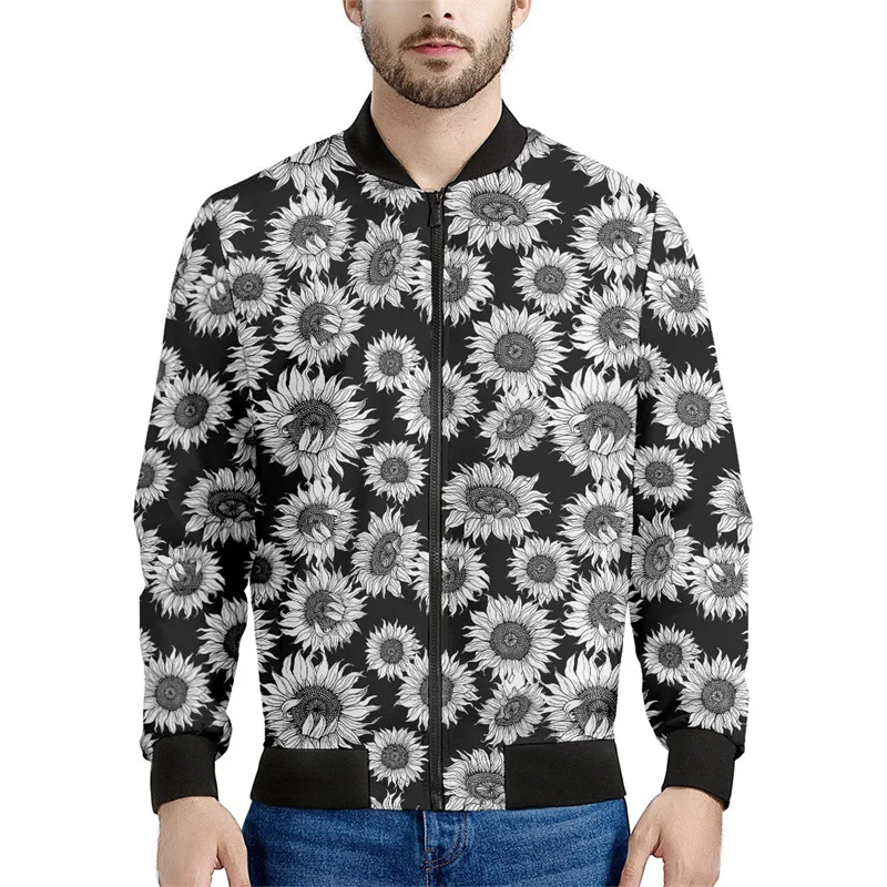 thumbnail image 1 of Chaqueta con estampado de girasol en blanco y negro para hombre, sudaderas con estampado floral en 3D, chaquetas de calle de manga larga con cremallera de gran tamaño, abrigos, 1 of 4