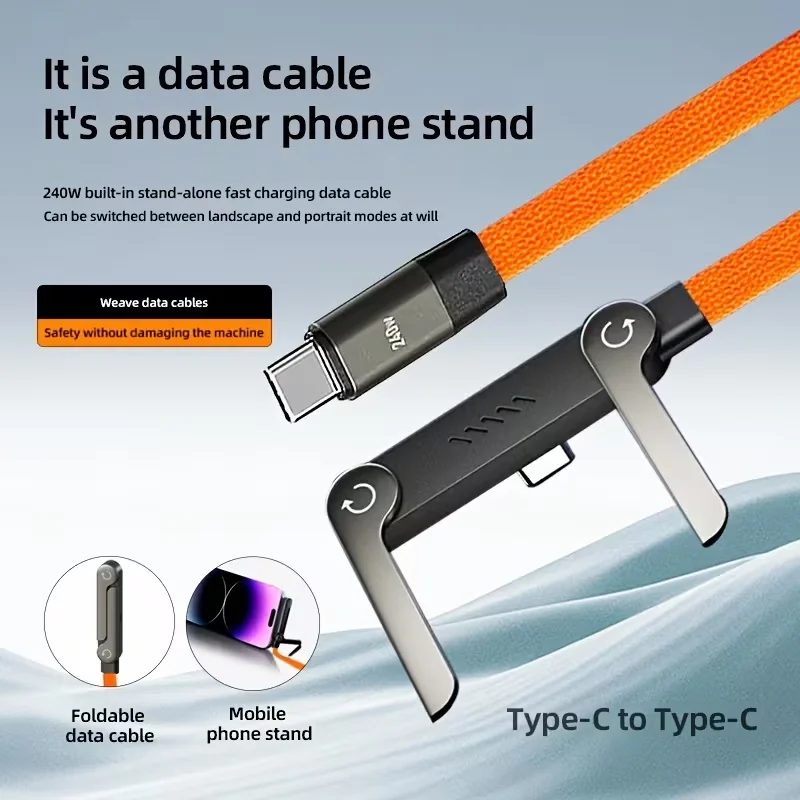 Premium Right Angle USB-C to Type-C 240W High-Speed Charging Cable with Integrated Phone Stand