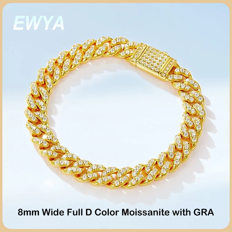 

EWYA Real Full D Color Moissanite Cuban Chain Bracelet for Men Women S925 Silver Hip Hop All Diamond 8mm Wide Link Bracelets