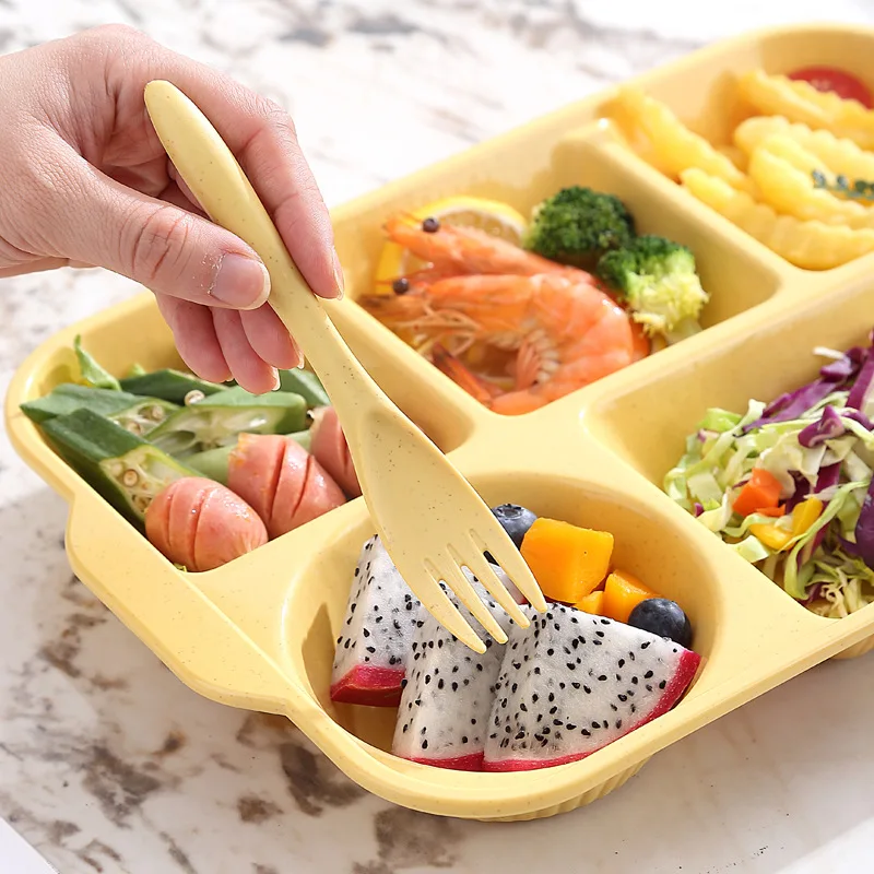 Portable 5 grids Meal Box Food Grade PP Rectangular Divided Lunchbox Separating Plates with knife fork spoon Dinnerware Set