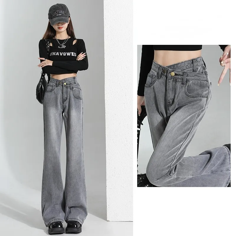 

GUUZYUVIZ Женские Асимметричные джинсы с высокой талией, черные, серые и синие винтажные расклешенные джинсы, Осень-зима 2023