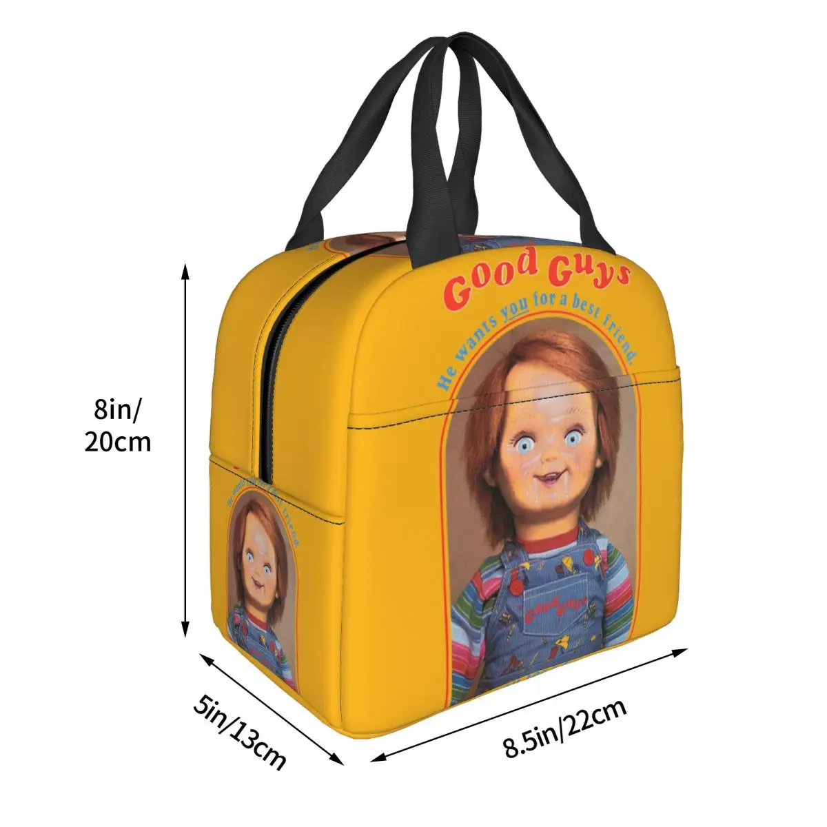 He Wants You For A Best Friend Chucky Lunch Bags Portable Insulated Cooler Child's Play Thermal Picnic Work Lunch Box for Kids