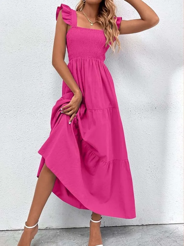 

2023 Summer Long Dress Women Sleeveless Elegant Party Dress Ladies Beach Square Neck Ruched Maxi Dresses For Women