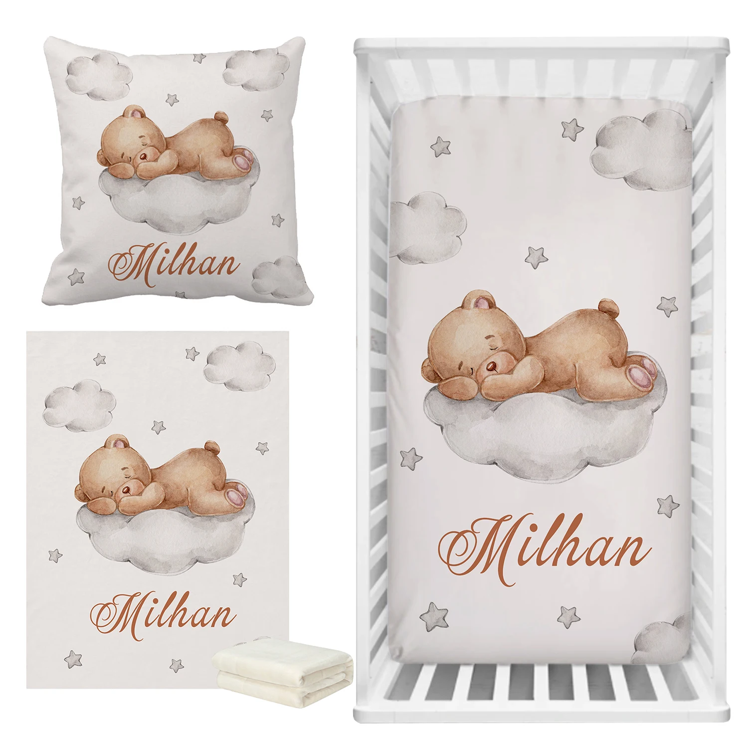 

LVYZIHO Sleeping Bear Custom Name Crib Bedding Set, Moon, Cloud and Stars Baby Shower, Personalized Crib Sheet For Boy And Girl