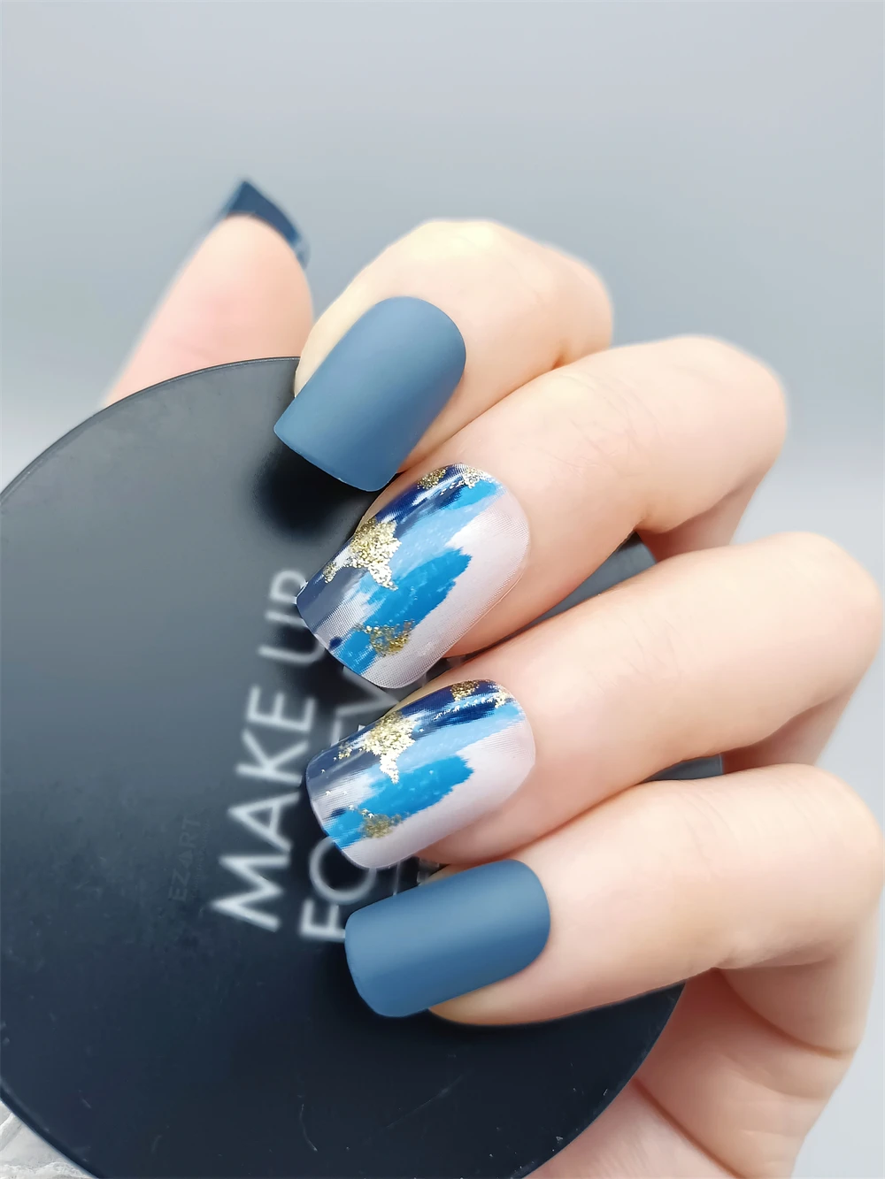 Dark Blue Matte False Nails With Glitter Painting Design Press On Nails  Square Short For Winter Daily Decorated Manicure 24pcs - False Nails -  AliExpress