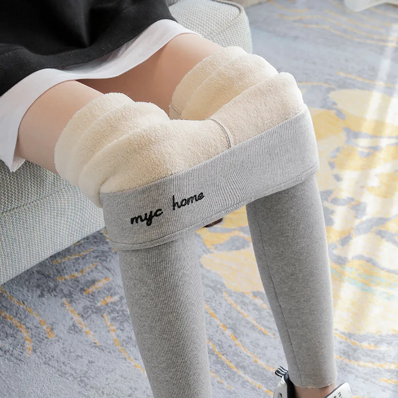 Underpants Extra Thick Warm Lamb Fleece High Waist Letter Embroidered Trouser Thread Micro Elastic Tight Cropped Pants