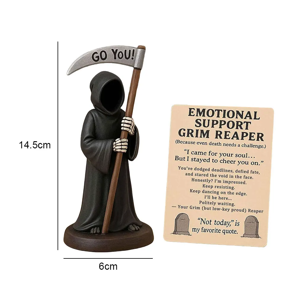 Emotional Support Grim Reaper Figurine with Support Card Resin Gothic The Death God Statue Desktop Ornament Halloween Decoration