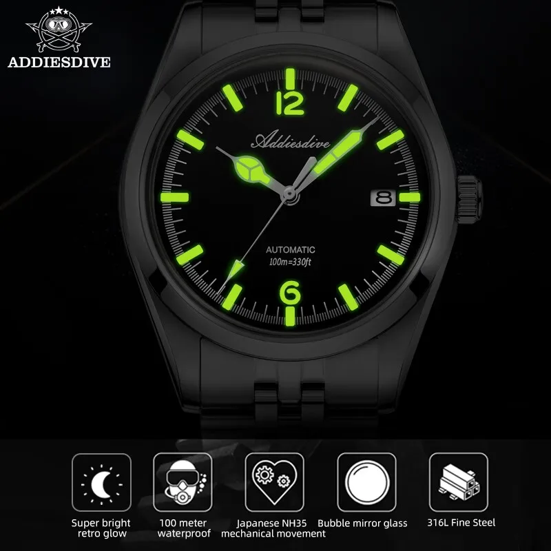 ADDIESDIVE High Quality NH35 Men's Watch 39mm Automatic WristWatch 100m Waterproof Bubber Mirror Stainless Steel Luminous Watch