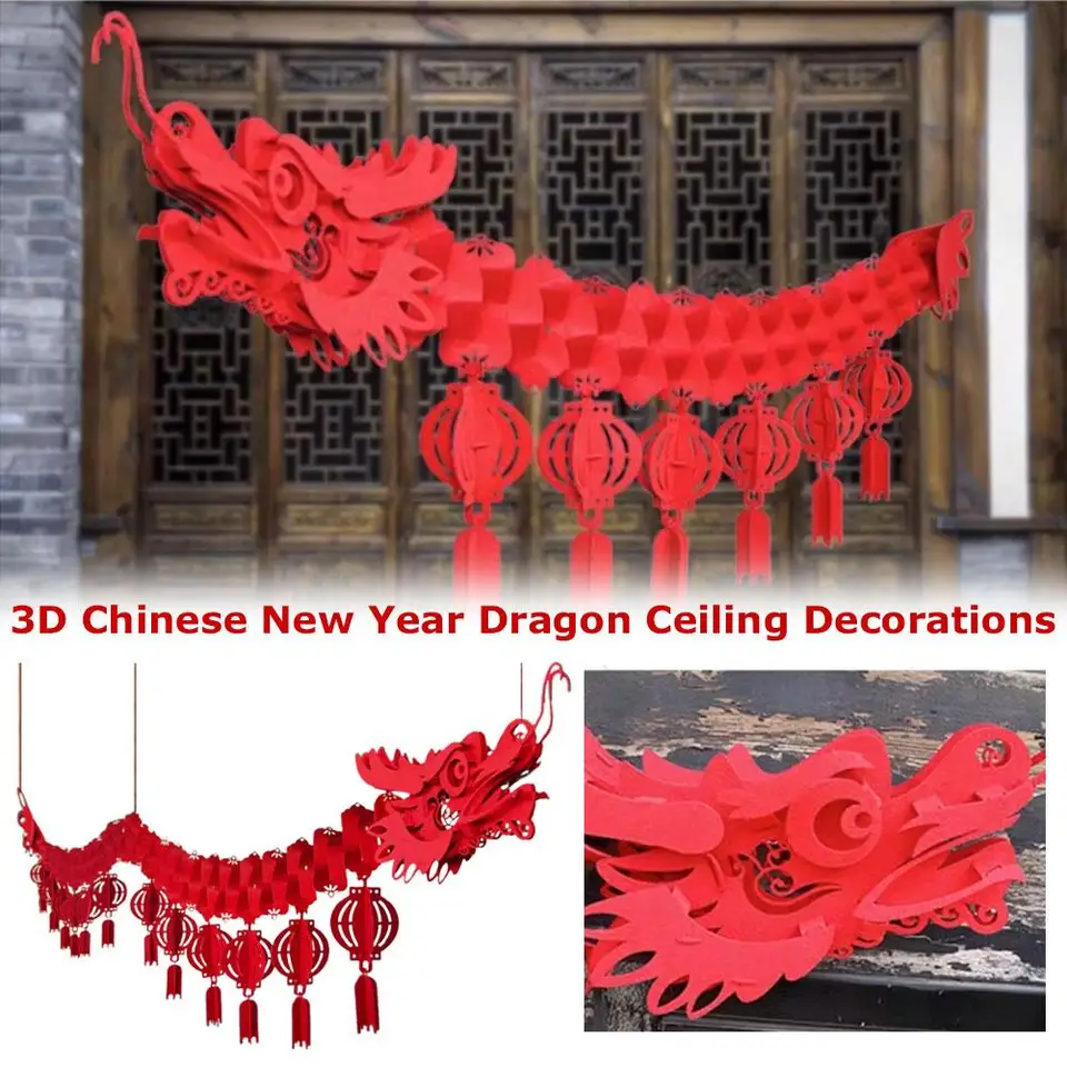 Set Decorazioni Capodanno Cinese 3D – 2 Draghi, 1 Palla E 10 Lanterne Rosse – 13 Pezzi
