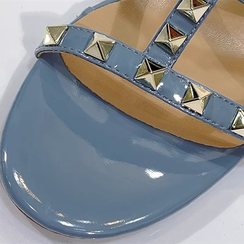 Women British Style Shoes Shiny & Matte Seam Studded Gold Heels 4/6cm Slides Front Open Toe Sandals Purple Microfiber Leather 45