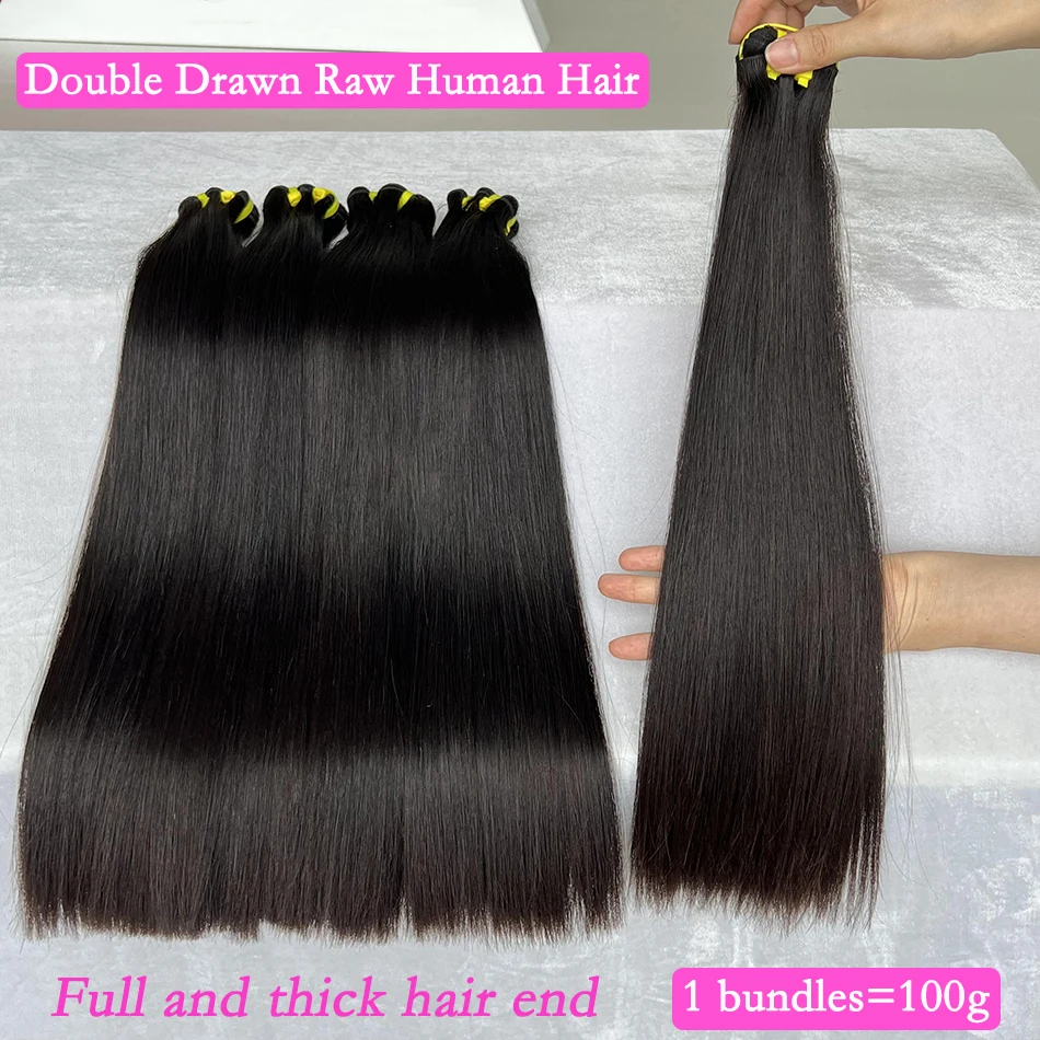 Super Double Drawn Bundles Bone Straight Human Hair Double Weft Unprocessed Raw Virgin Hair Weave Extensions #1B Natural Color 4