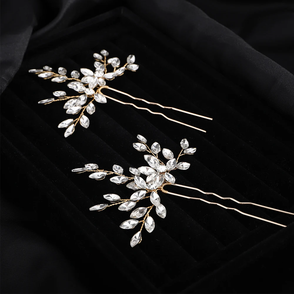 2PCS Rhinestone Women Bridal Hairpins Fashion Handmade Party Wedding Hair Accessories Jewelry Bridesmaid Bride Headpiece Tiaras