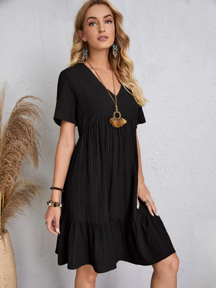 Elegant V Neck Ruffle Mini Dress - Womens Casual Summer Sundress