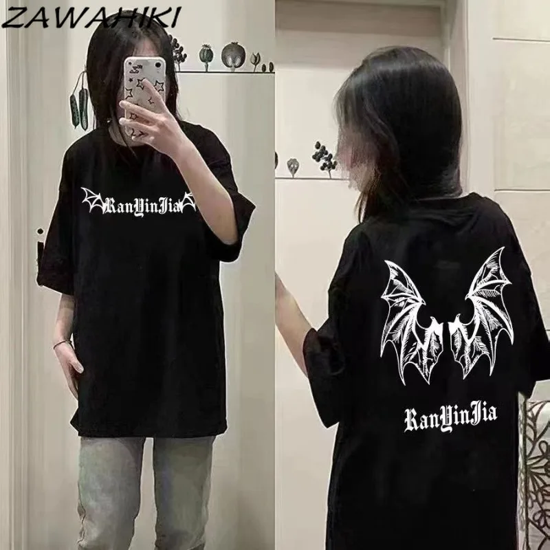 

ZAWAHIKI T-shirts for Women Letter Cartoon Print Loose High Street American Retro New Arrive Short Sleeve Chic Casual Tops Mujer
