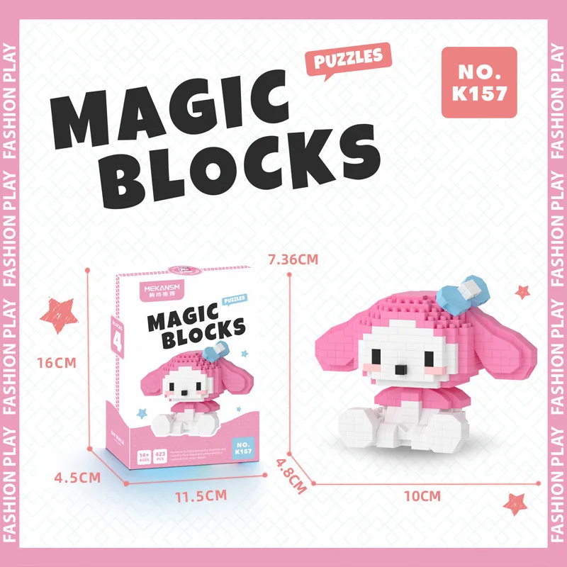 Sanrio 헬로 키티 마이크로 빌딩 블록 Pochacco Cinnamoroll Kuromi 조립 3D 모델 마이 멜로디 미니 벽돌 그림 장난감