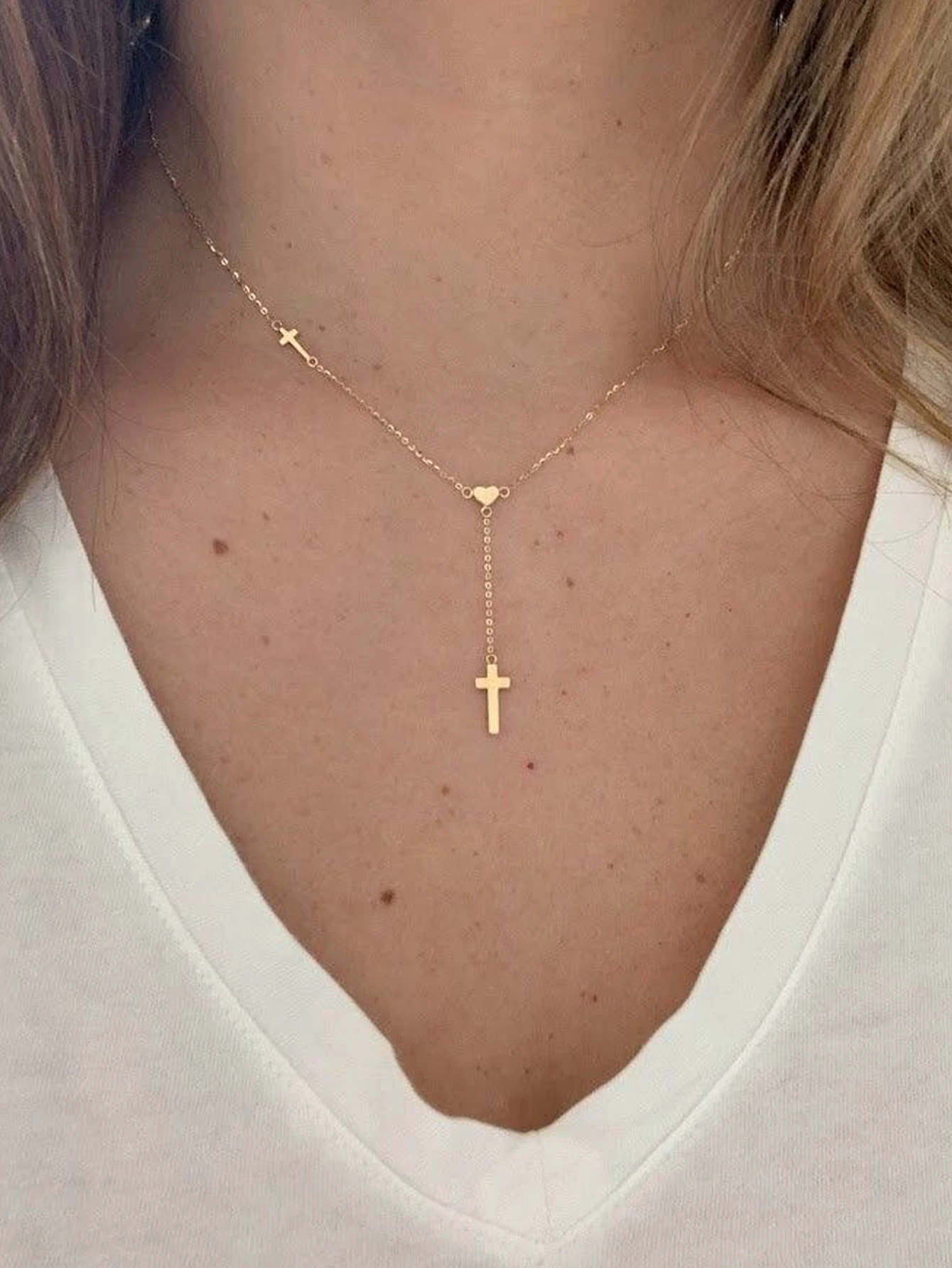 Dainty Gold Y-Shaped Necklace: Minimalist Cross & Heart Pendant Chain, Womens