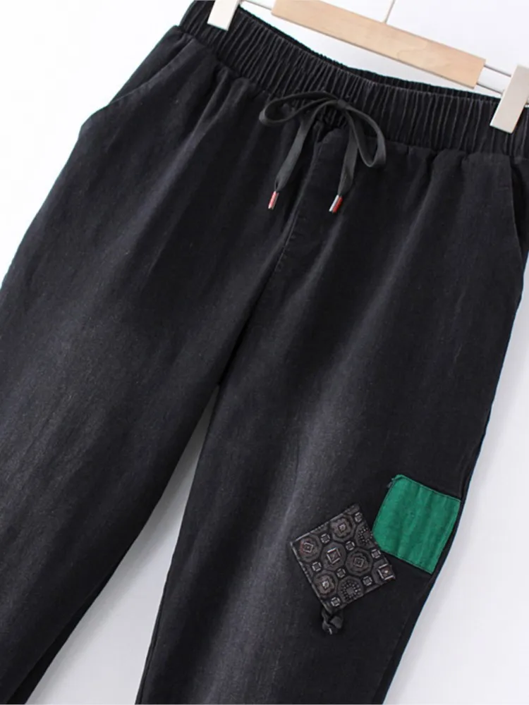 Women's High Waist Stretch Denim Harem Pants, Casual Washed Jeans, Green Patch Bottoms, Plus Size, Spring, Autumn Fashion