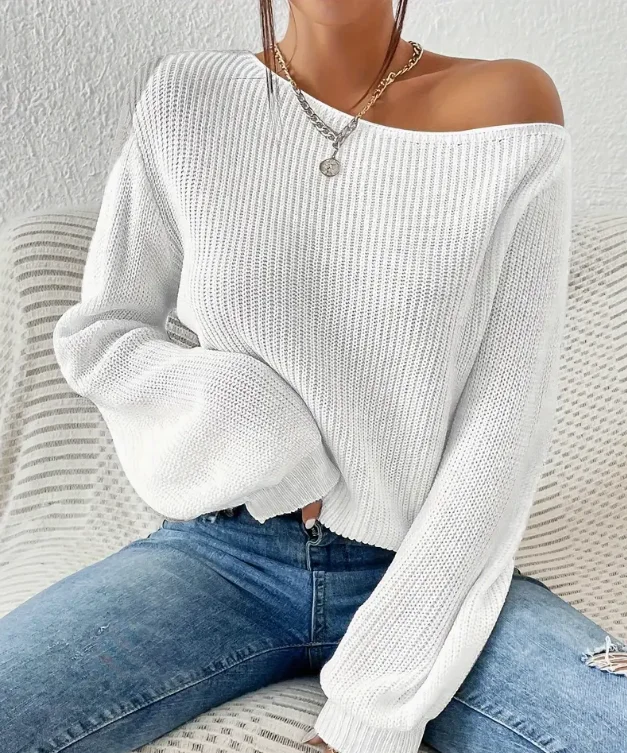 Ladies Fashion Casual Slant Shoulder Knitted Sweater Comfortable Style Women's Clothing Knitwear