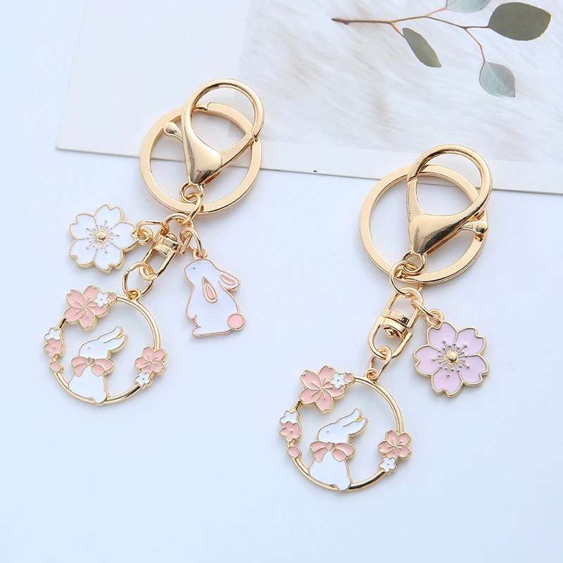 Pink Rabbit Flower Metal Keychain Jewelry Pendant Ornament Charm Alloy Key Chain for Women Girl Gift Accessories