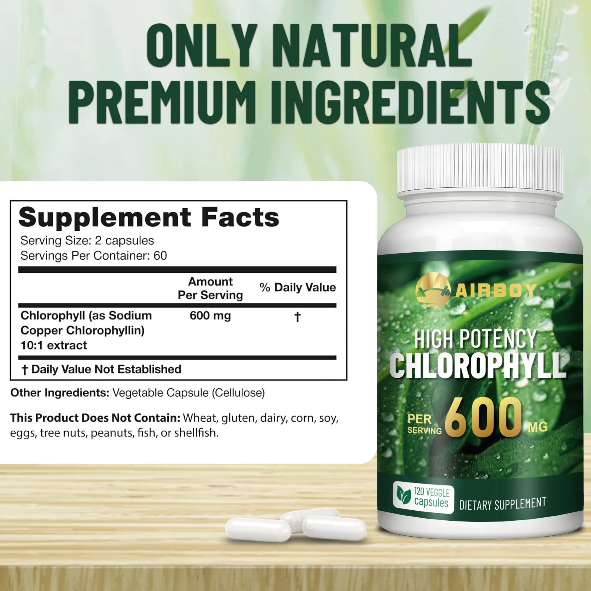 Chlorophyll Supplement 600mg - Smelling Breath, Skin Health, Remove Body Odor Naturally - 120 Capsules - Image 2